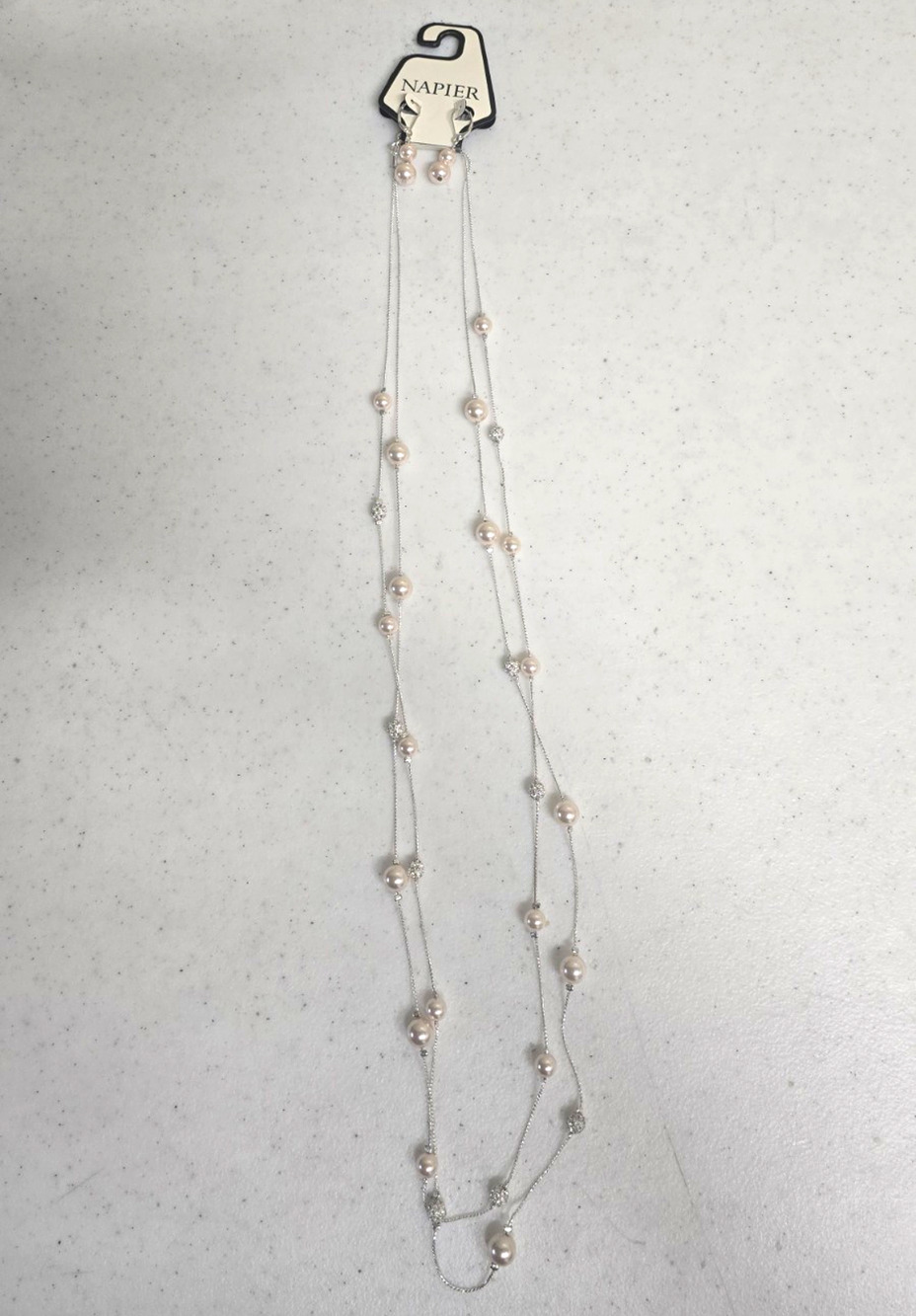 Napier Silver Tone Faux Pearl & Rhinestone Necklace & Drop Earrings Set